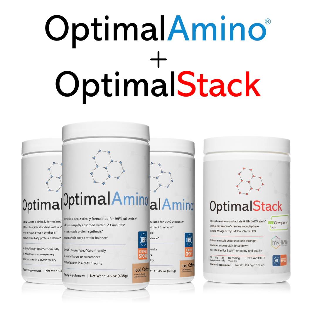 OptimalAmino powder and OptimalStack bundle, product containers.