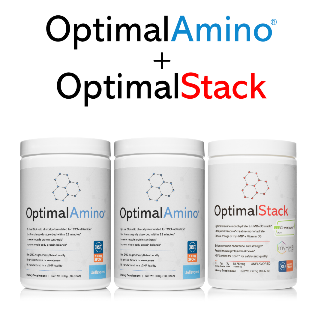 OptimalAmino powder and OptimalStack bundle, product containers.