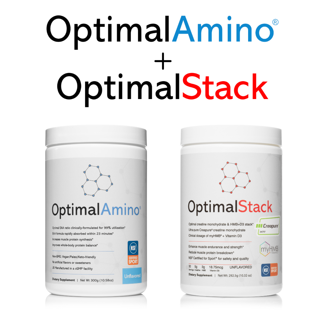 OptimalAmino powder and OptimalStack bundle, product containers.