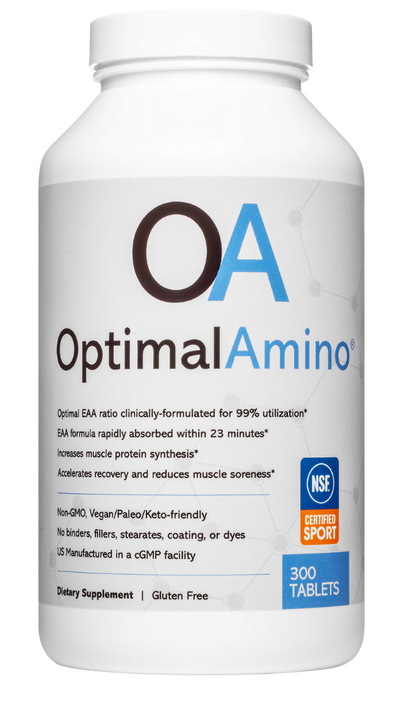 OptimalAmino 300 tablet bottle, NSF Certified for Sport